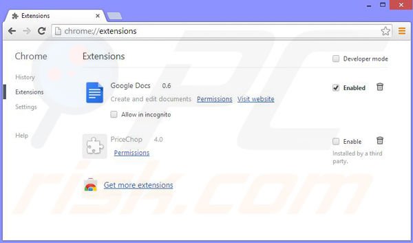 Suppression des publicités PriceChop dans Google Chrome étape 2