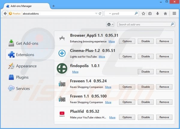 Suppression des extensions reliées à searches.vi-view.com dans Mozilla Firefox