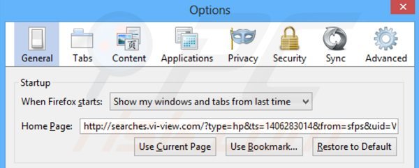 Suppression de la page d'accueil de searches.vi-view.com dans Mozilla Firefox 