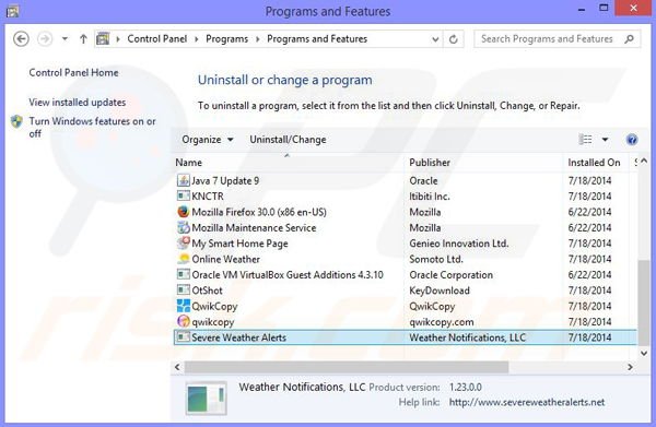 Désinstallation du logiciel de publicité Severe Weather Alerts via le Panneau de Configuration