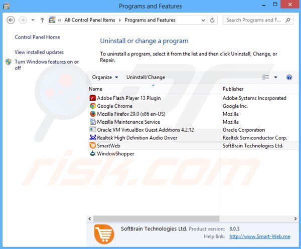 Désinstallation du logiciel de publicité smartweb via le Panneau de Configuration