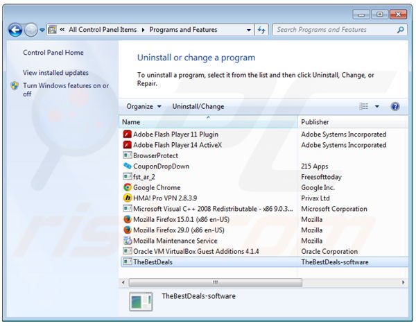 Désinstallation du logiciel de publicité TheBestDeals via le Panneau de Configuration