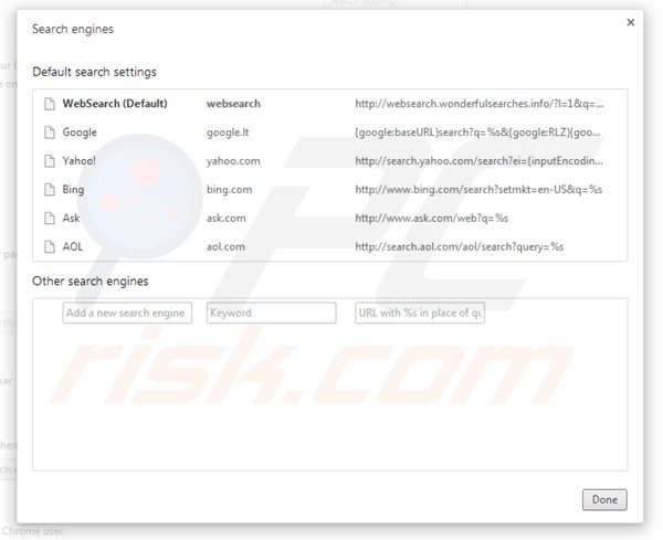 Suppression du moteur de recherche par défaut de websearch.wonderfulsearches.info dans Google Chrome 