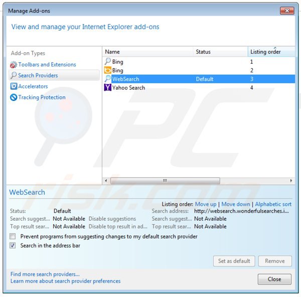 Suppression du moteur de recherche par défaut de websearch.wonderfulsearches.info dans Internet Explorer 