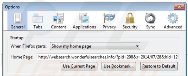 Suppression de la page d'accueil de websearch.wonderfulsearches.info dans Mozilla Firefox 