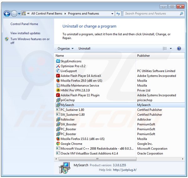 Désinstallation du pirate de navigateur websearch.wonderfulsearches.info via le Panneau de Configuration