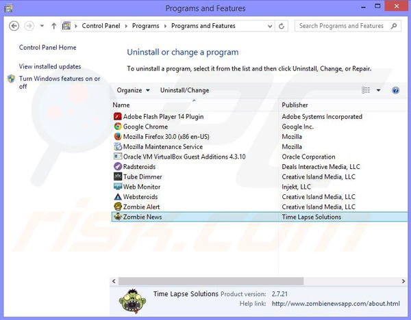 Zombie News adware uninstall via Control Panel