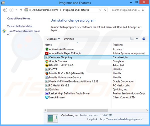 Désinstallation du logiciel de publicité Cartwheel Shopping via le Panneau de Configuration