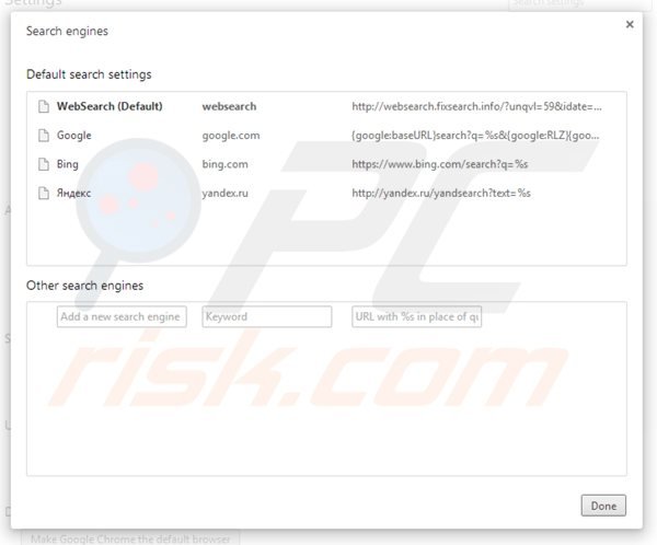 Suppression du moteur de recherche par défaut de websearch.fixsearch.info dans Google Chrome 