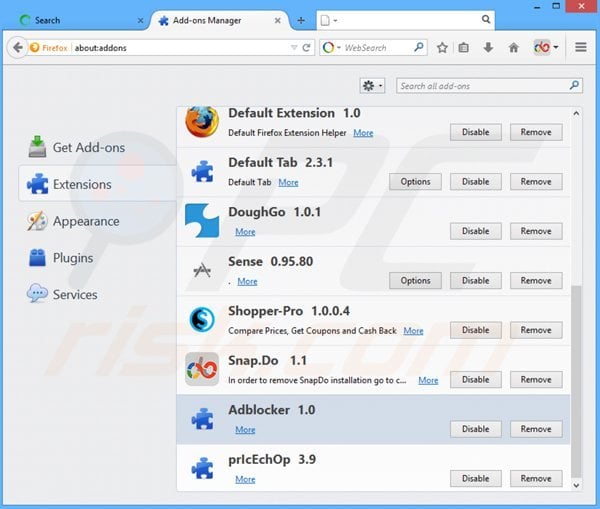 Suppression des extensions reliées à websearch.fixsearch.info dans Mozilla Firefox 