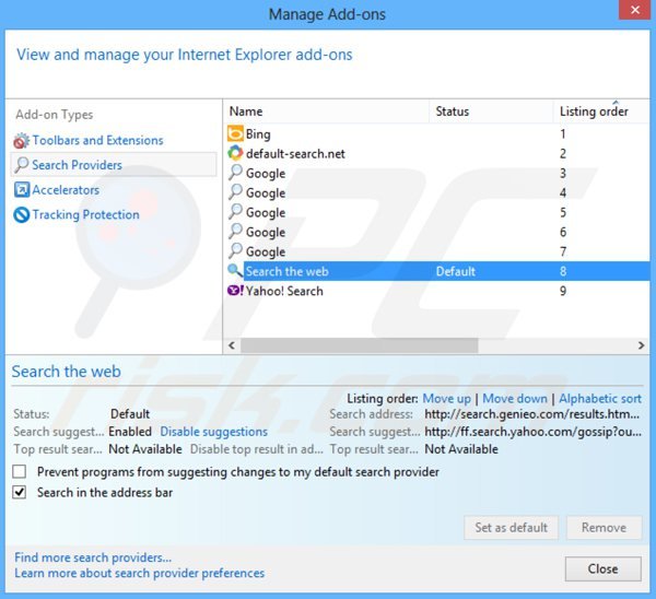 Suppression du moteur de recherche par défaut de search.genieo.com dans Internet Explorer
