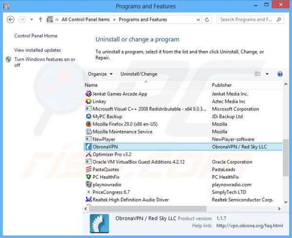 Désinstallation du logiciel de publicité obrona vpn via le Panneau de Configuration