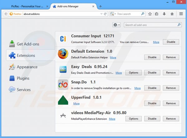 Suppression des publicités picrec dans Mozilla Firefox étape 2