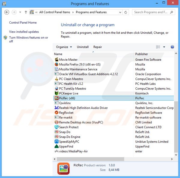 Désinstallation du logiciel de publicité picrec via le Panneau de Configuration