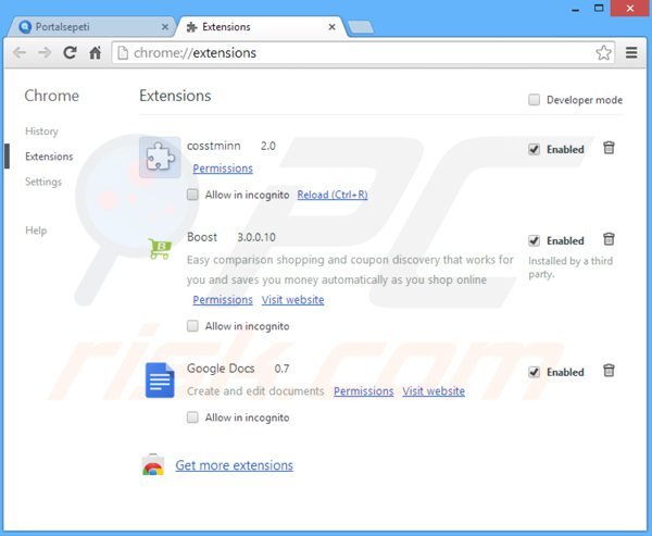 Suppression des extensions reliées à portalsepeti.com dans Google Chrome 