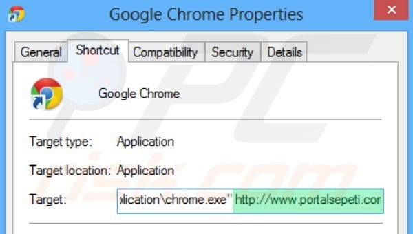 Suppression du raccourci cible de portalsepeti.com dans Google Chrome étape 2