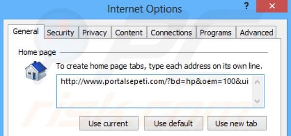 Suppression de la page d'accueil de portalsepeti.com dans Internet Explorer 