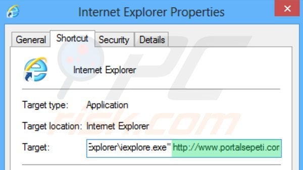 Suppression du raccourci cible de portalsepeti.com dans Internet Explorer shortcut target étape 2