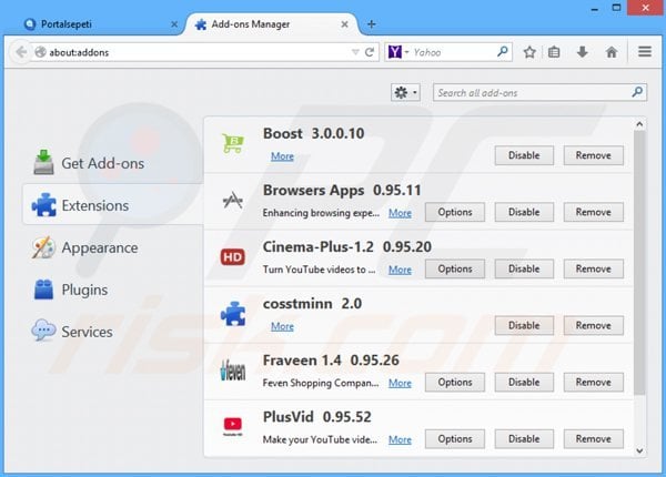 Suppression des extensions reliées à portalsepeti.com dans Mozilla Firefox 