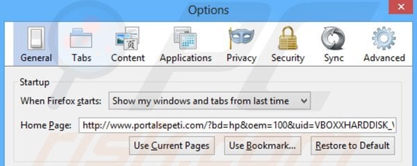 Suppression de la page d'accueil de portalsepeti.com dans Mozilla Firefox