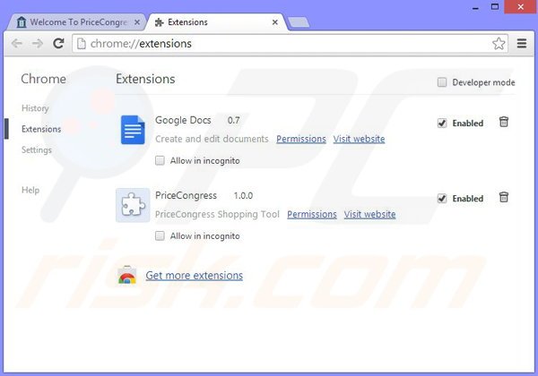 Suppression des publicités de PriceCongress dans Google Chrome étape 2