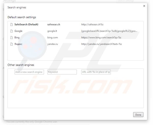 Suppression du moteur de recherche par défaut de safesear.ch dans Google Chrome 