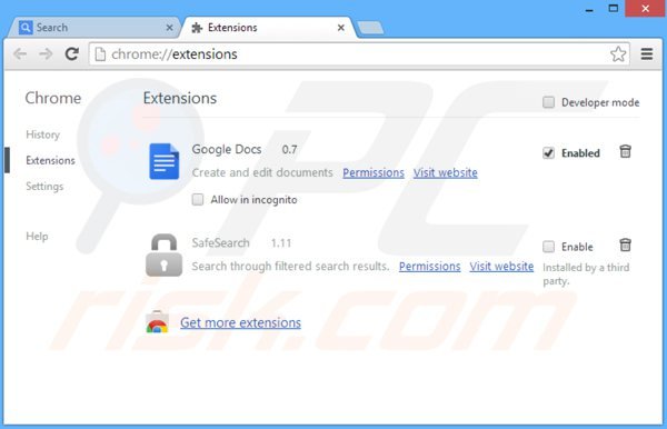 Suppression des extensions reliées à safesear.ch dans Google Chrome 