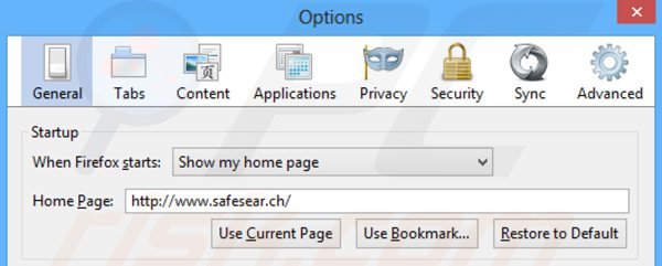 Suppression de la page d'accueil de safesear.ch dans Mozilla Firefox 