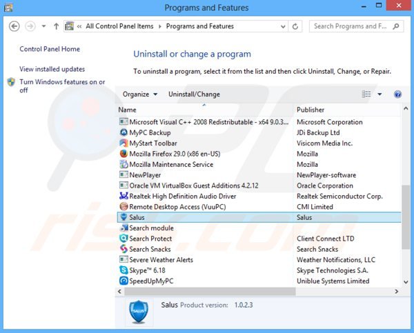 Désinstallation du logiciel de publicité salus via le Panneau de Configuration