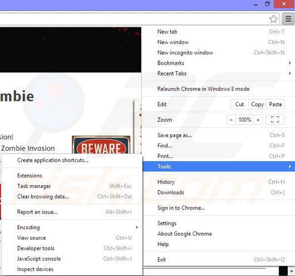 Suppression des publicités Zombie Invasion dans Google Chrome étape 1