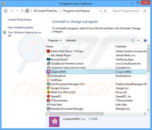 Désinstallation du logicile de publicité couponarific via le Panneau de Configuration