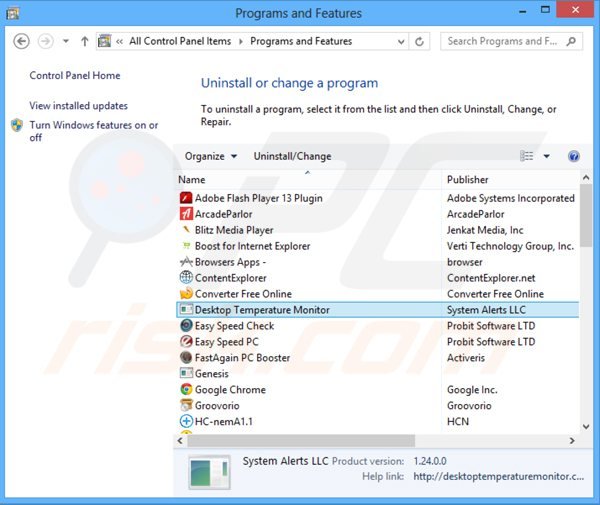 Désinstallation du logiciel de publicité desktop temperature monitor via le Panneau de Configuration