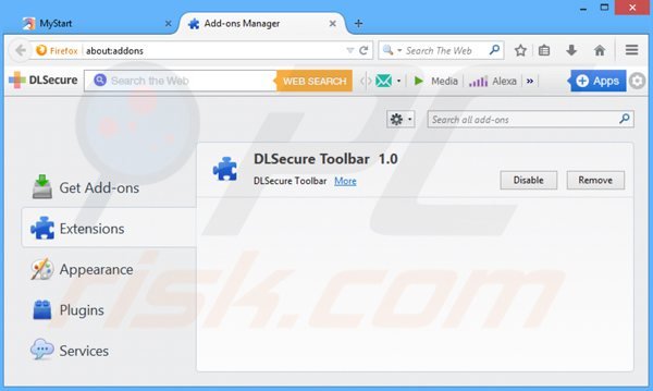 Suppression des extensions de la barer d'outils dlsecure dans Mozilla Firefox 