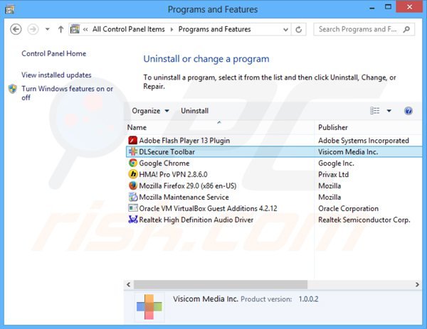 Désinstallation de la barre d'outils dlsecure via le Panneau de Configuration