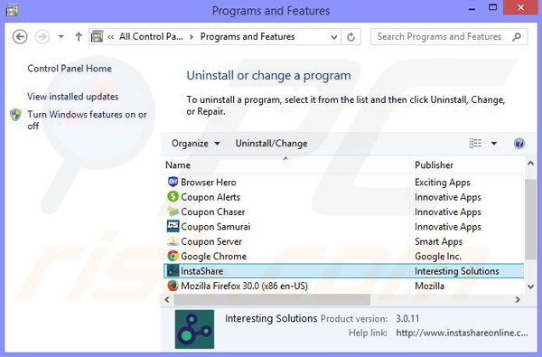 Désinstallation du logiciel de publicité Insta Share via le Panneau de Configuration