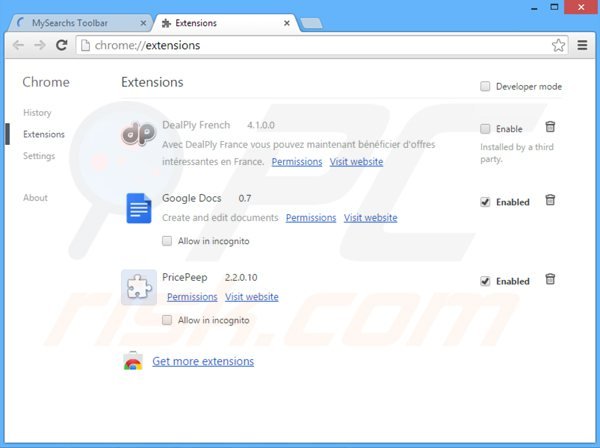 Suppression des extensions de la barre d'outils mysearchs dans Google Chrome 