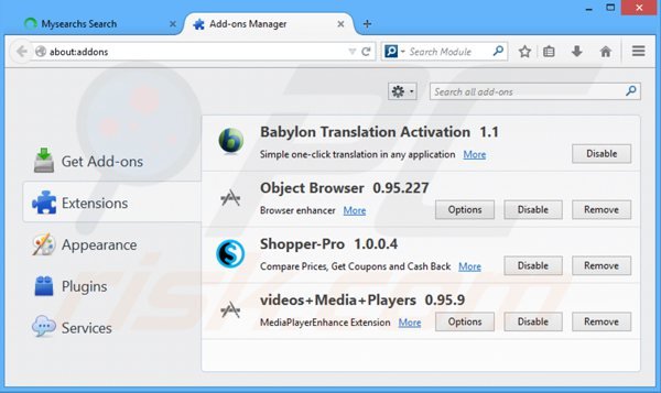 Suppression des extensions de la barre d'outils mysearchs dans Mozilla Firefox