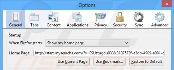 Suppression de la page d'accueil de start.mysearchs.com dans Mozilla Firefox 
