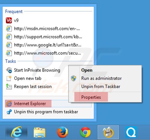 Suppression du raccourci cible de mystartsearch.com dans Internet Explorer étape 1