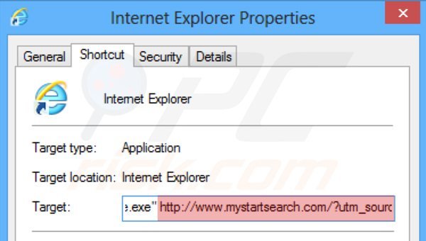 Suppression du raccourci cible de mystartsearch.com dans Internet Explorer étape 2