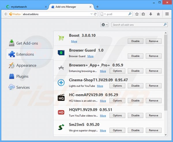 Suppression des extensions reliées à mystartsearch.com dans Mozilla Firefox 