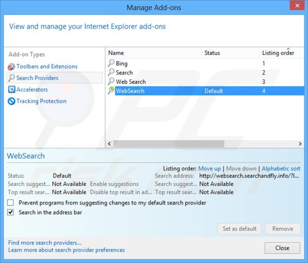 Suppression du moteur de recherche par défaut de websearch.searchandfly.info dans Internet Explorer 