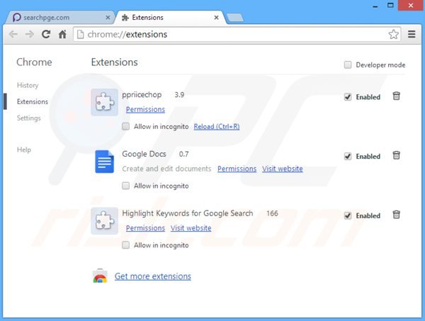 Removing searchpge.com related Google Chrome extensions