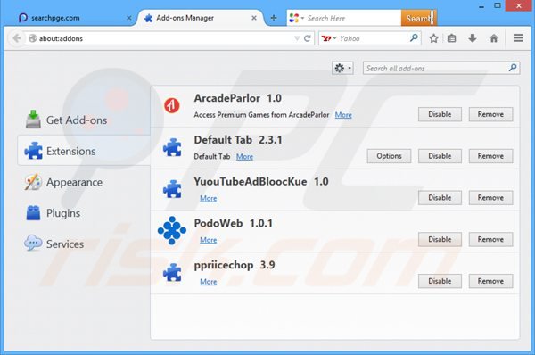 Suppression des extensions reliées à searchpge.com dans Mozilla Firefox 