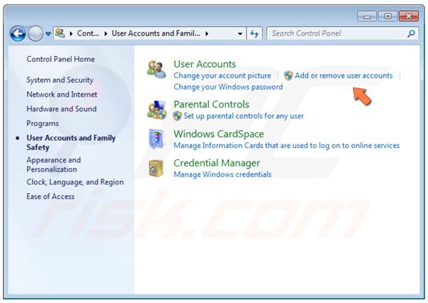 Panneau de Configuration de Windows 7  - ajouter ou supprimer des comptes d'utilisateur