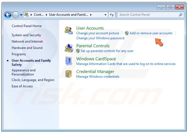 Panneau de Configuration de Windows 7  - ajouter ou supprimer des comptes d'utilisateur