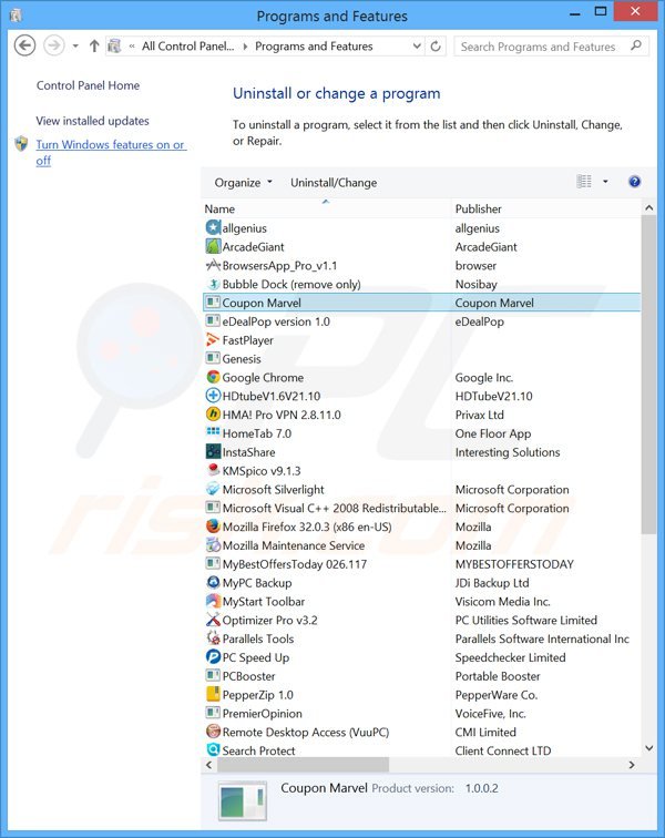 Désinstallation du logiciel de publicité Coupon Marvel via le Panneau de Configuration