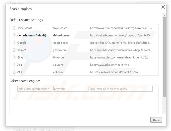 Removing delta-homes.com from Google Chrome default search engine