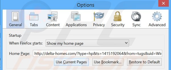 Suppression de la page d'accueil de delta-homes.com dans Mozilla Firefox