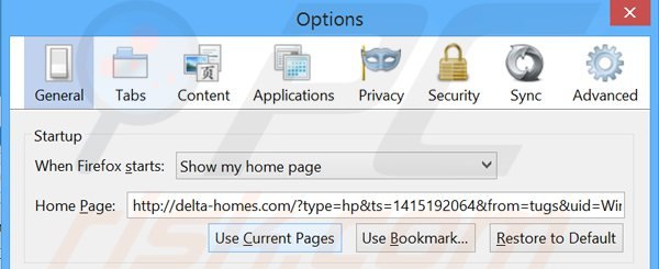 Suppression de la page d'accueil de delta-homes.com dans Mozilla Firefox